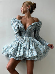 Elegant Loose Print High Waist Pleated V-Neck Long Sleeve Mini Dresses
