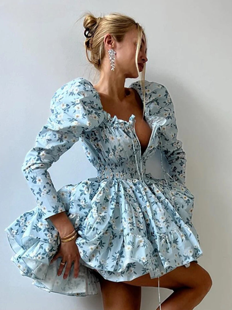 Elegant Loose Print High Waist Pleated V-Neck Long Sleeve Mini Dresses