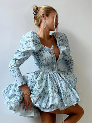 Elegant Loose Print High Waist Pleated V-Neck Long Sleeve Mini Dresses