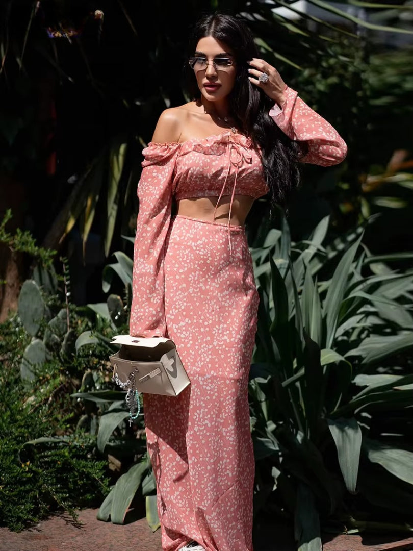 Elegant Loose Print Long Sleeve Crop Top With High Waist Maxi Skirt Two Pieces Set