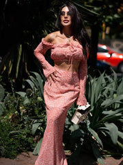 Elegant Loose Print Long Sleeve Crop Top With High Waist Maxi Skirt Two Pieces Set
