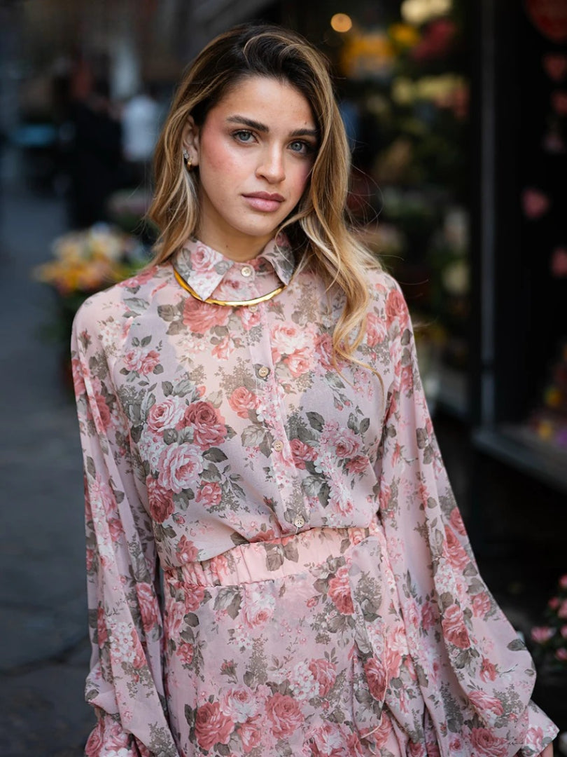 Elegant Loose Print Long Sleeve Shirt With High Waist Ruffle Mini Skirt Set