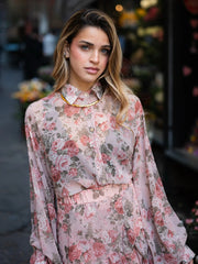 Elegant Loose Print Long Sleeve Shirt With High Waist Ruffle Mini Skirt Set