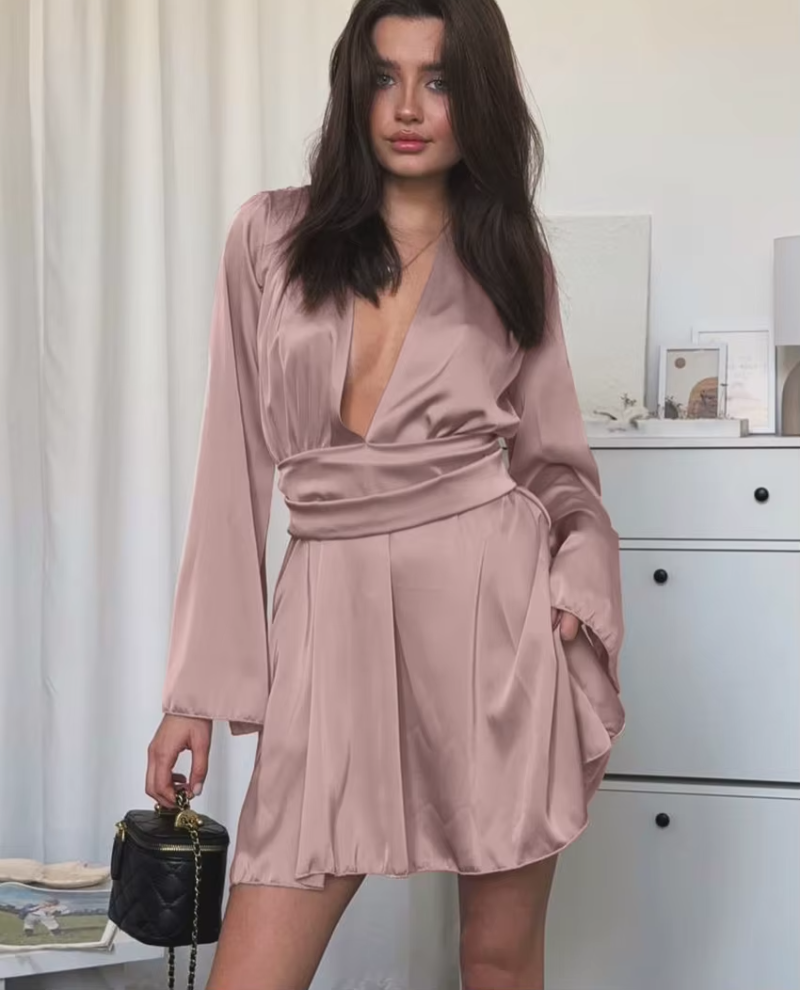 Elegant Loose Satin V-Neck Long Sleeve High Waist Pleated Mini Dresses