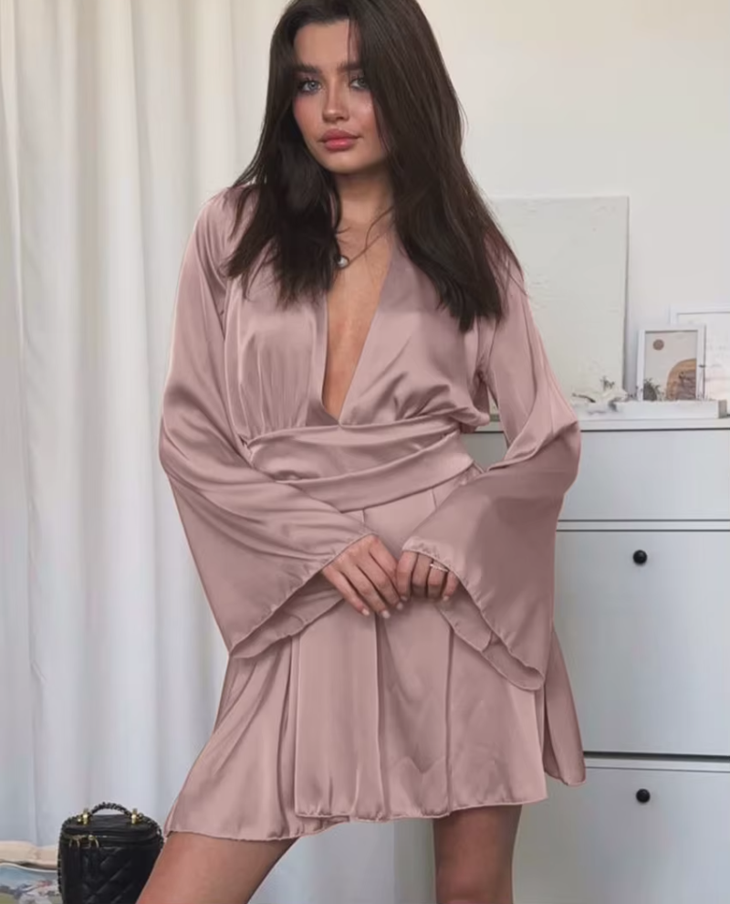Elegant Loose Satin V-Neck Long Sleeve High Waist Pleated Mini Dresses
