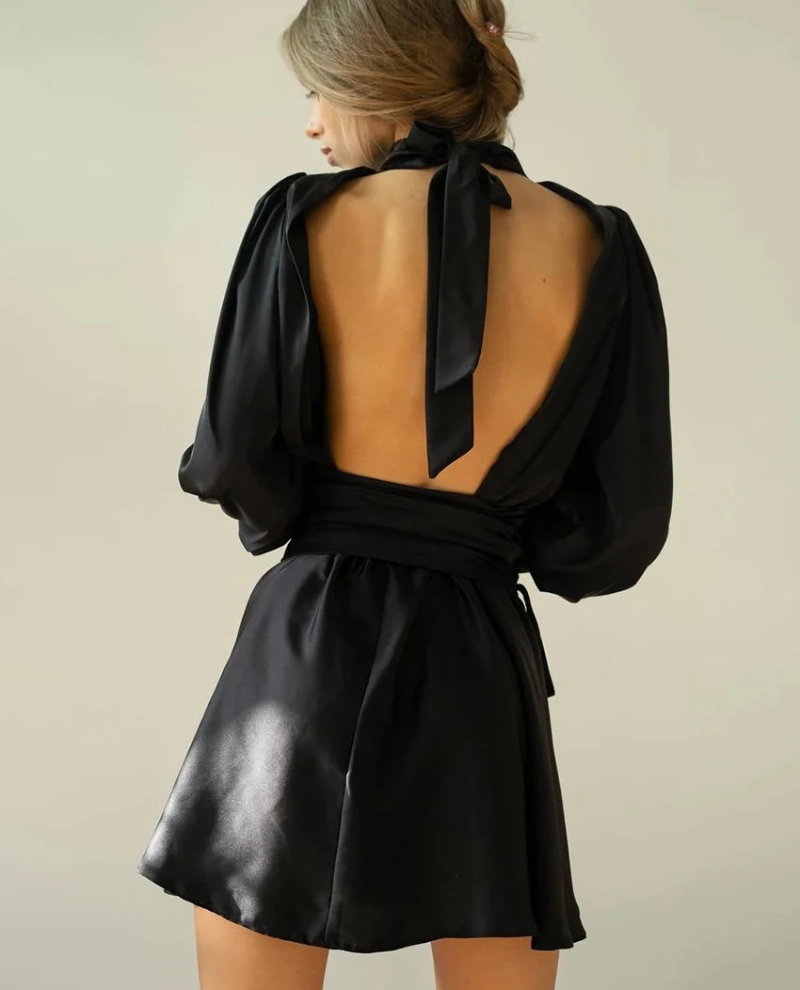 Elegant Loose Turtleneck Long Sleeve Streetwear Hollow Out Mini Dresses