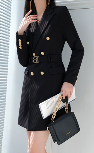Elegant Notched Collar Belt Long Sleeve Slim Mini Blazer Dress