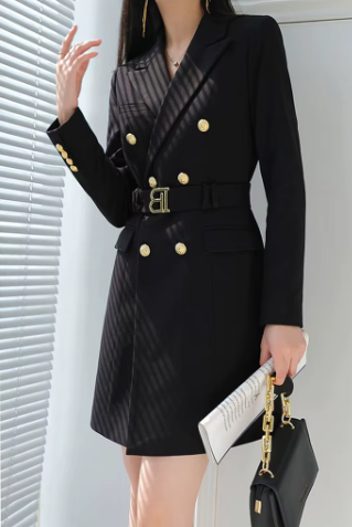 Elegant Notched Collar Belt Long Sleeve Slim Mini Blazer Dress