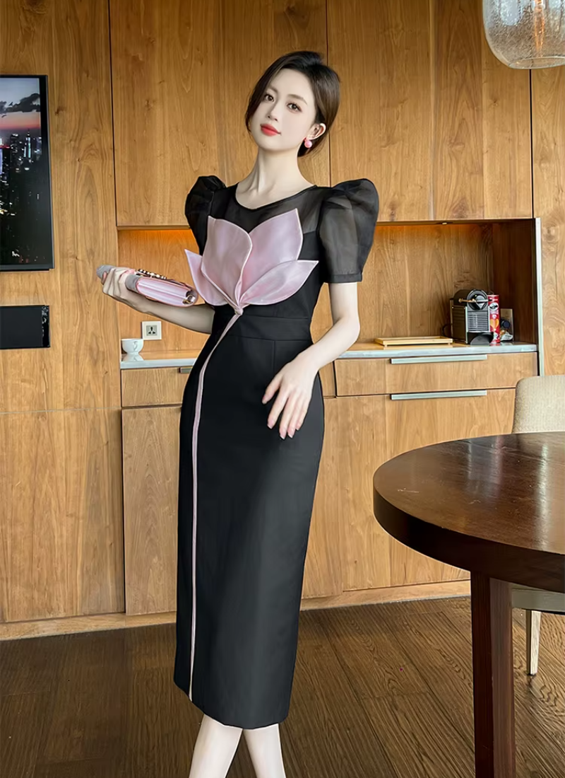 Elegant O-Neck Floral Slim Midi Formal Occasion Evening Dress