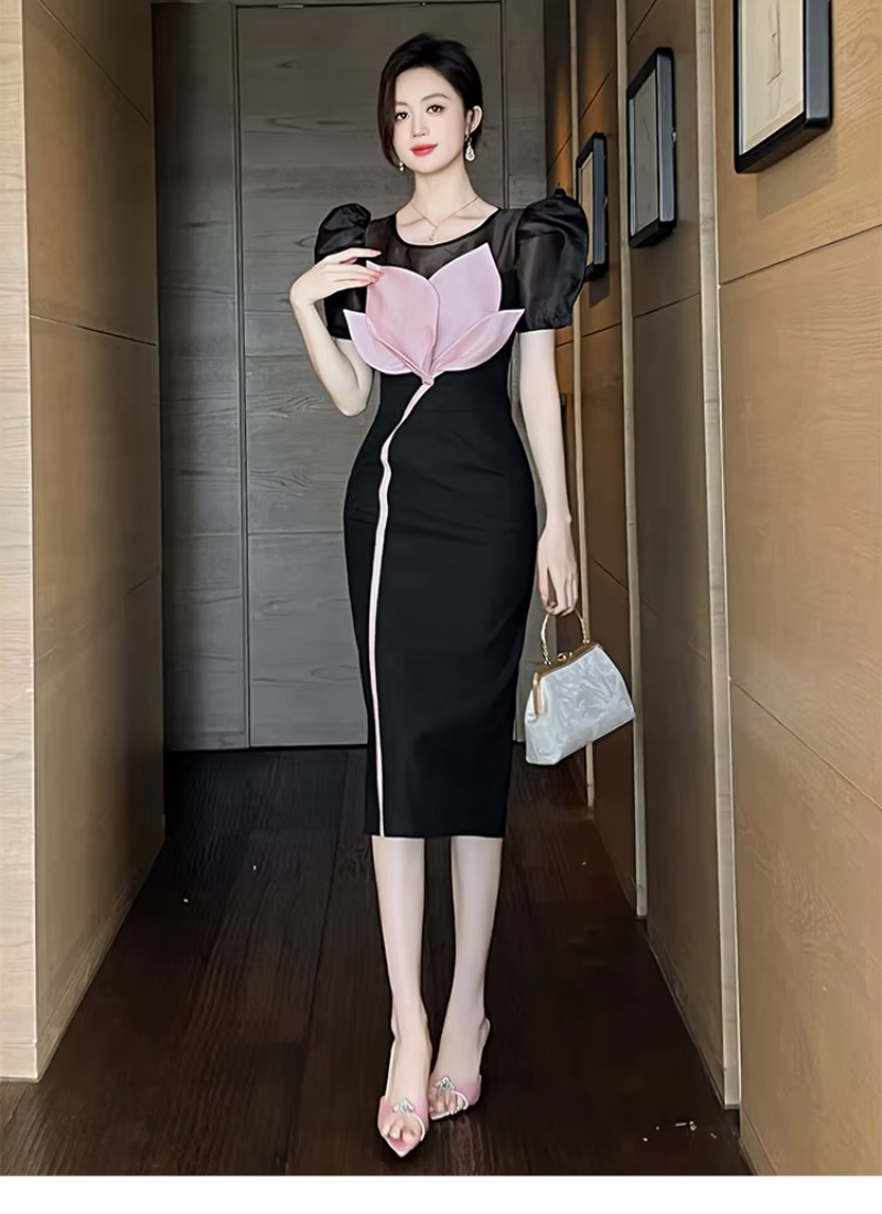 Elegant O-Neck Floral Slim Midi Formal Occasion Evening Dress