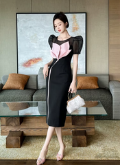 Elegant O-Neck Floral Slim Midi Formal Occasion Evening Dress