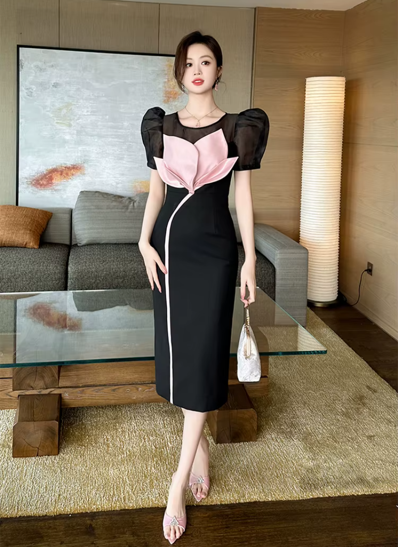 Elegant O-Neck Floral Slim Midi Formal Occasion Evening Dress