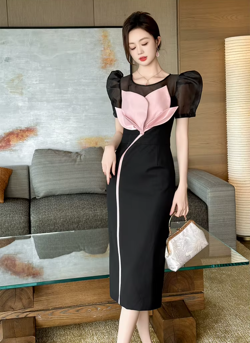 Elegant O-Neck Floral Slim Midi Formal Occasion Evening Dress