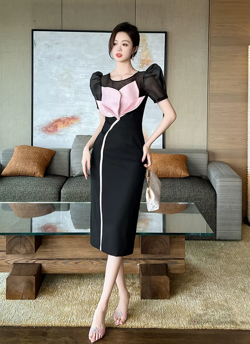 Elegant O-Neck Floral Slim Midi Formal Occasion Evening Dress