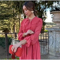 Elegant O-neck Lace Up Long Sleeve High Waist Tiered Ruffles Midi Dress