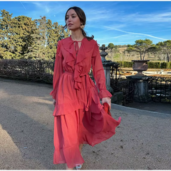 Elegant O-neck Lace Up Long Sleeve High Waist Tiered Ruffles Midi Dress