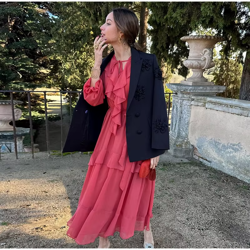 Elegant O-neck Lace Up Long Sleeve High Waist Tiered Ruffles Midi Dress