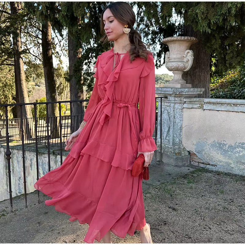 Elegant O-neck Lace Up Long Sleeve High Waist Tiered Ruffles Midi Dress