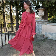 Elegant O-neck Lace Up Long Sleeve High Waist Tiered Ruffles Midi Dress