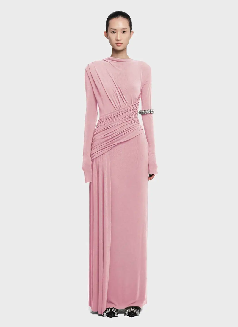 Elegant Pleated Long Sleeve High Waist Slimming Party Dresses