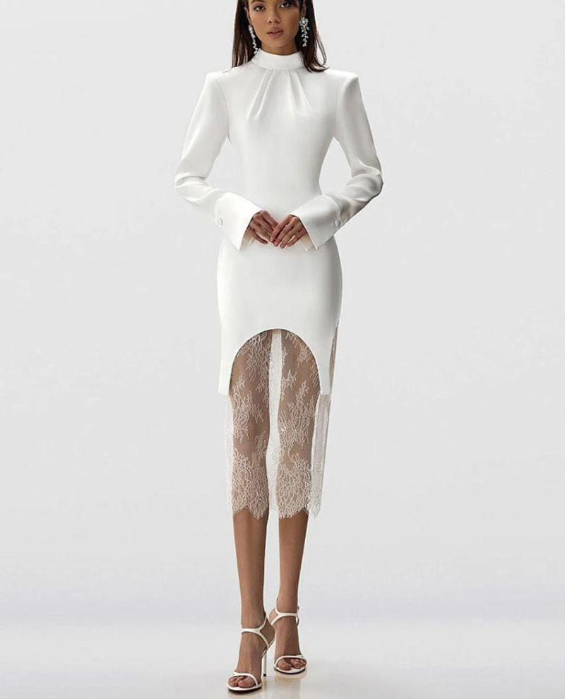 Elegant Slim Long Sleeve Dress With Lace High Waist Midi Skirt 2 Piece Set
