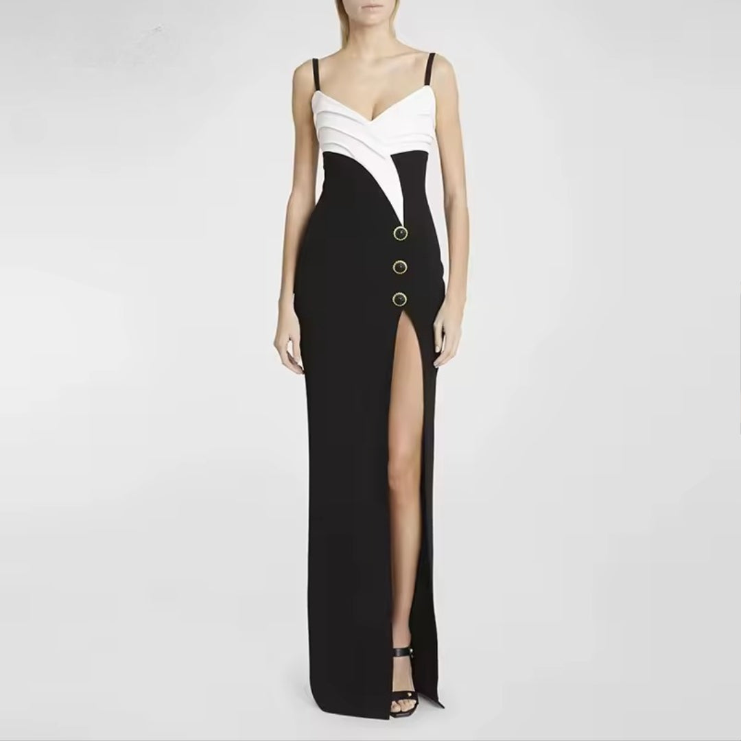 Elegant Sling Dress Color Blocked Suspender Slit Floor Length Dresses