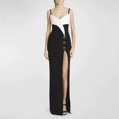 Elegant Sling Dress Color Blocked Suspender Slit Floor Length Dresses