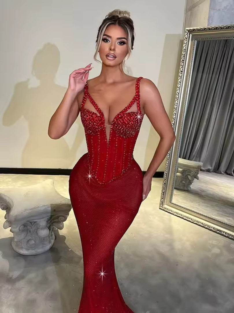 Elegant Sparkling Mermaid Sequins Strappy Sleeveless Maxi Dress Gown
