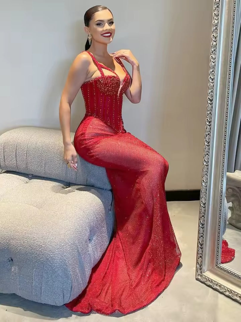 Elegant Sparkling Mermaid Sequins Strappy Sleeveless Maxi Dress Gown