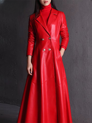 Elegant Faux Leather Double Breasted Full Sleeve Office Lady Trench Coat