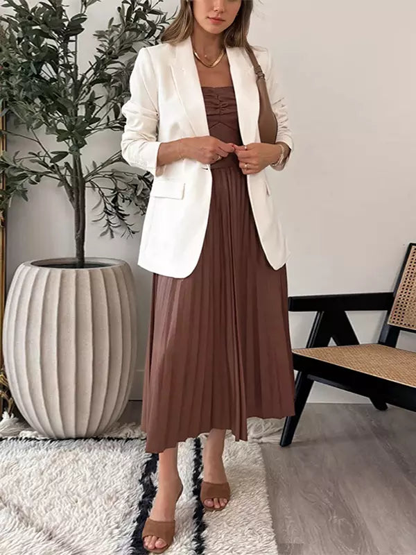 Elegant Faux Leather Pleated Dress Strapless A-line PU Midi Dress