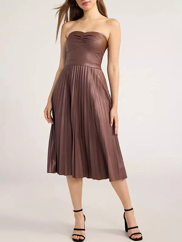 Elegant Faux Leather Pleated Dress Strapless A-line PU Midi Dress
