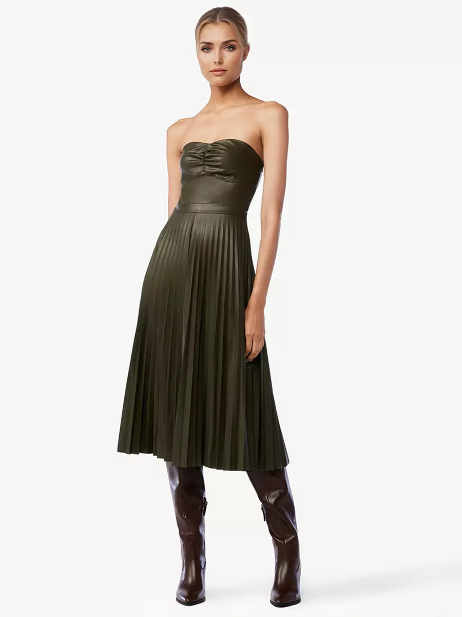 Elegant Faux Leather Pleated Dress Strapless A-line PU Midi Dress
