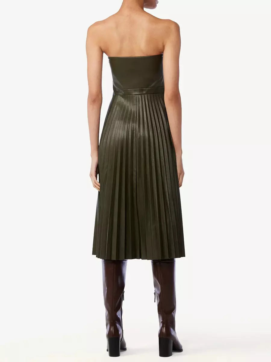 Elegant Faux Leather Pleated Dress Strapless A-line PU Midi Dress