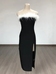Elegant Feather Strapless Bandage High Stretch Long Maxi Dress