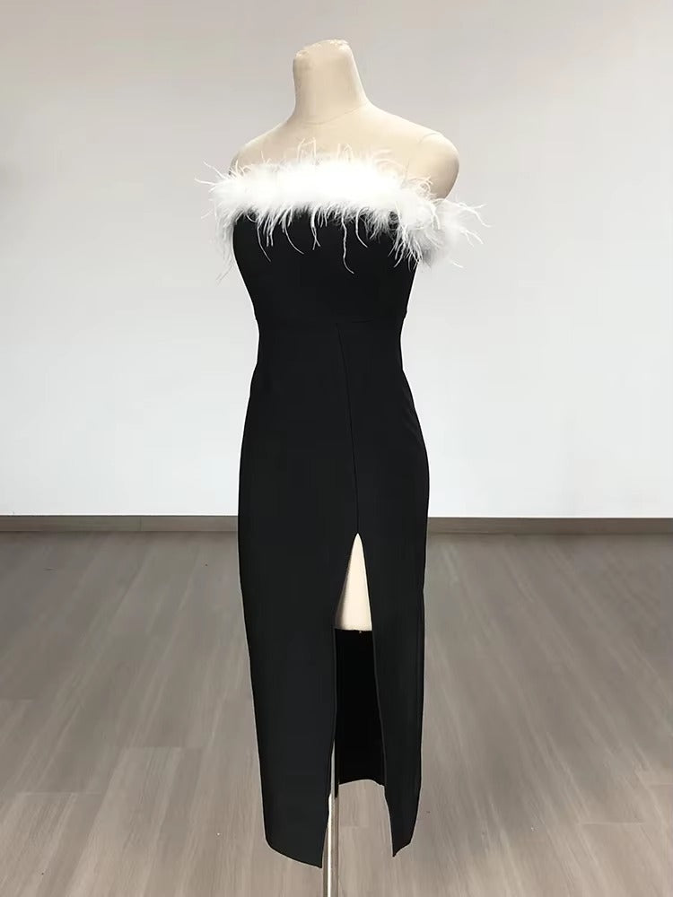Elegant Feather Strapless Bandage High Stretch Long Maxi Dress