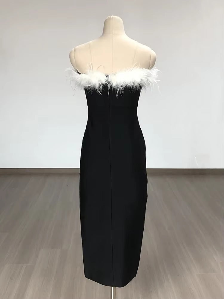 Elegant Feather Strapless Bandage High Stretch Long Maxi Dress