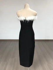 Elegant Feather Strapless Bandage High Stretch Long Maxi Dress