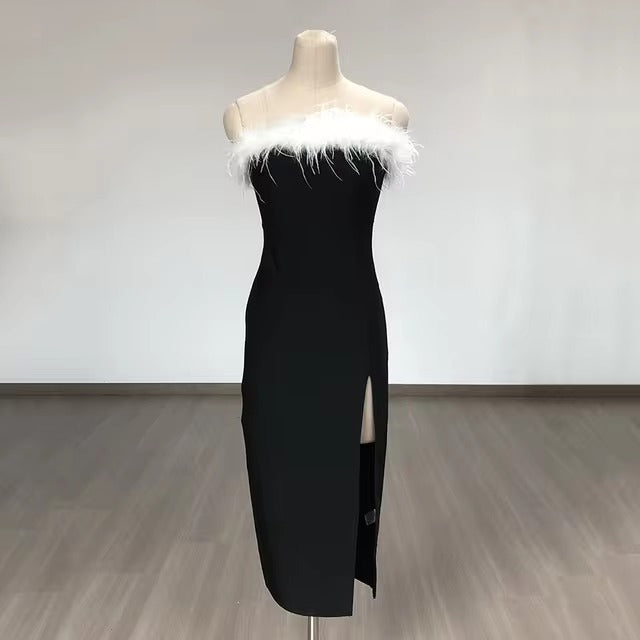 Elegant Feather Strapless Bandage High Stretch Long Maxi Dress