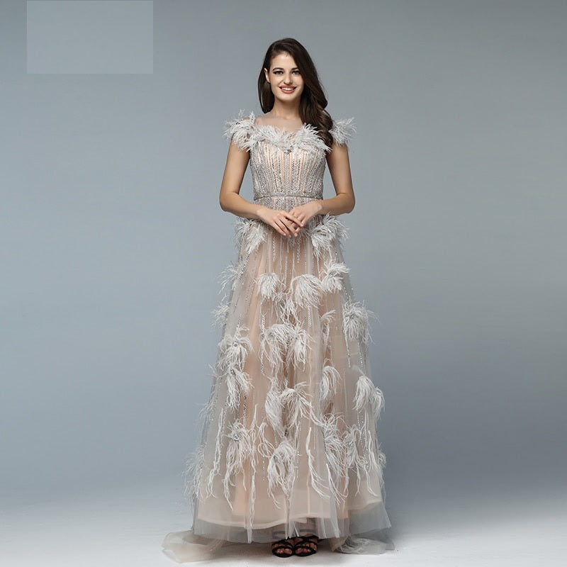 Elegant Feathers Beading A-Line Evening Dresses