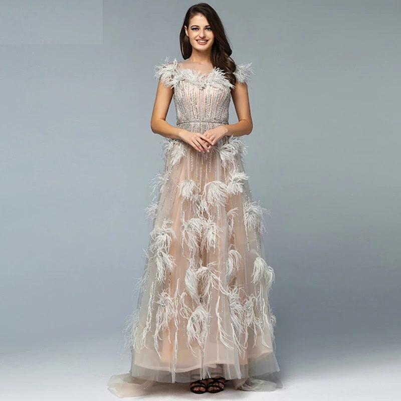Elegant Feathers Beading A-Line Evening Dresses