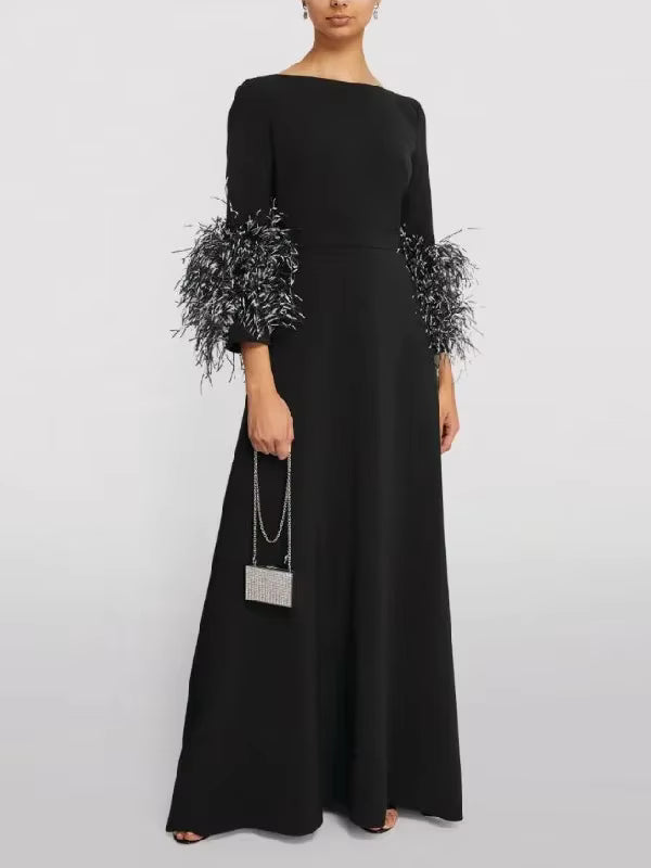 Elegant Feathers Half Sleeve Boat Neck Pleated Solid Color Floor Length Wrap Evening Maxi Dress