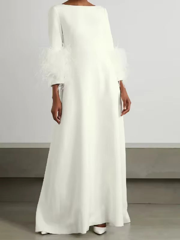 Elegant Feathers Half Sleeve Boat Neck Pleated Solid Color Floor Length Wrap Evening Maxi Dress