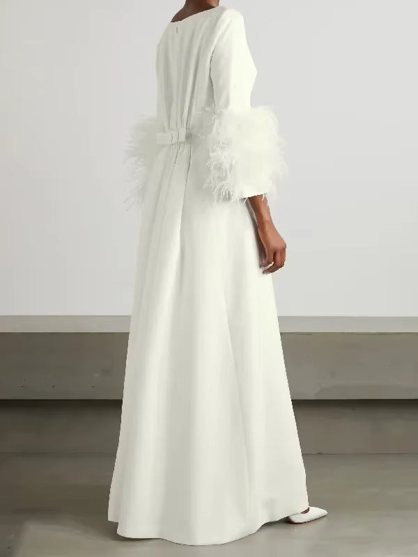 Elegant Feathers Half Sleeve Boat Neck Pleated Solid Color Floor Length Wrap Evening Maxi Dress
