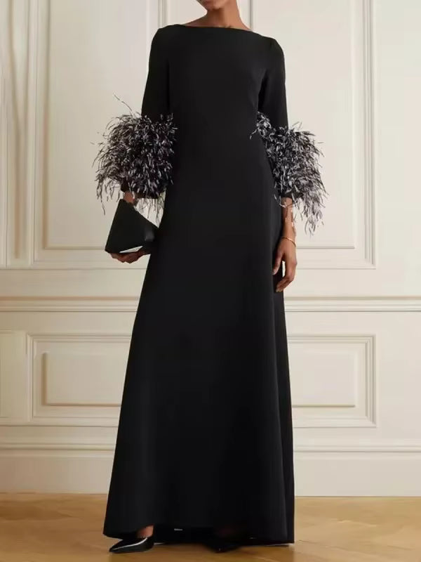 Elegant Feathers Half Sleeve Boat Neck Pleated Solid Color Floor Length Wrap Evening Maxi Dress