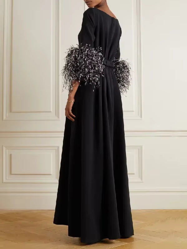 Elegant Feathers Half Sleeve Boat Neck Pleated Solid Color Floor Length Wrap Evening Maxi Dress