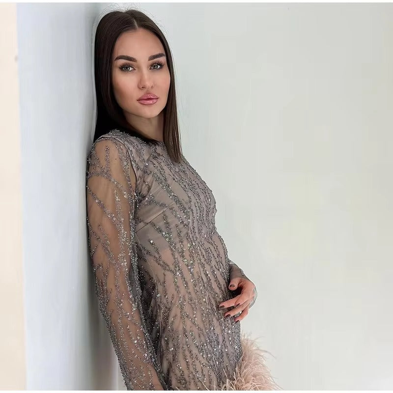 Elegant Feathers Mesh O-neck Long Sleeve Hem Sequins Mini Dress