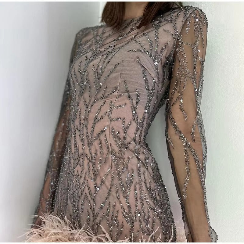 Elegant Feathers Mesh O-neck Long Sleeve Hem Sequins Mini Dress