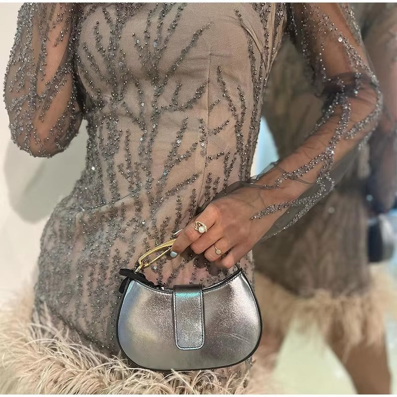 Elegant Feathers Mesh O-neck Long Sleeve Hem Sequins Mini Dress