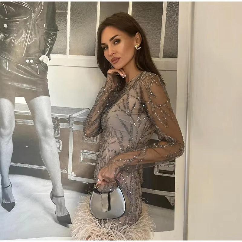 Elegant Feathers Mesh O-neck Long Sleeve Hem Sequins Mini Dress